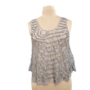 Chan Luu Beaded Embellished Silver Gray Semi Sheer Mesh Floral Lace Top
